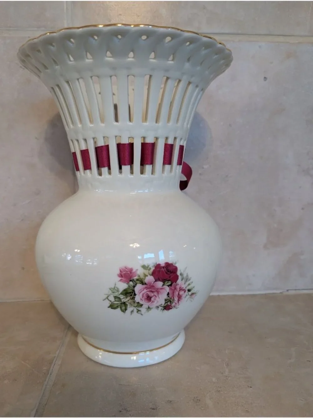 Formalities by Baum Bros. Victorian Rose Reticulated Porcelain Vase Elegant